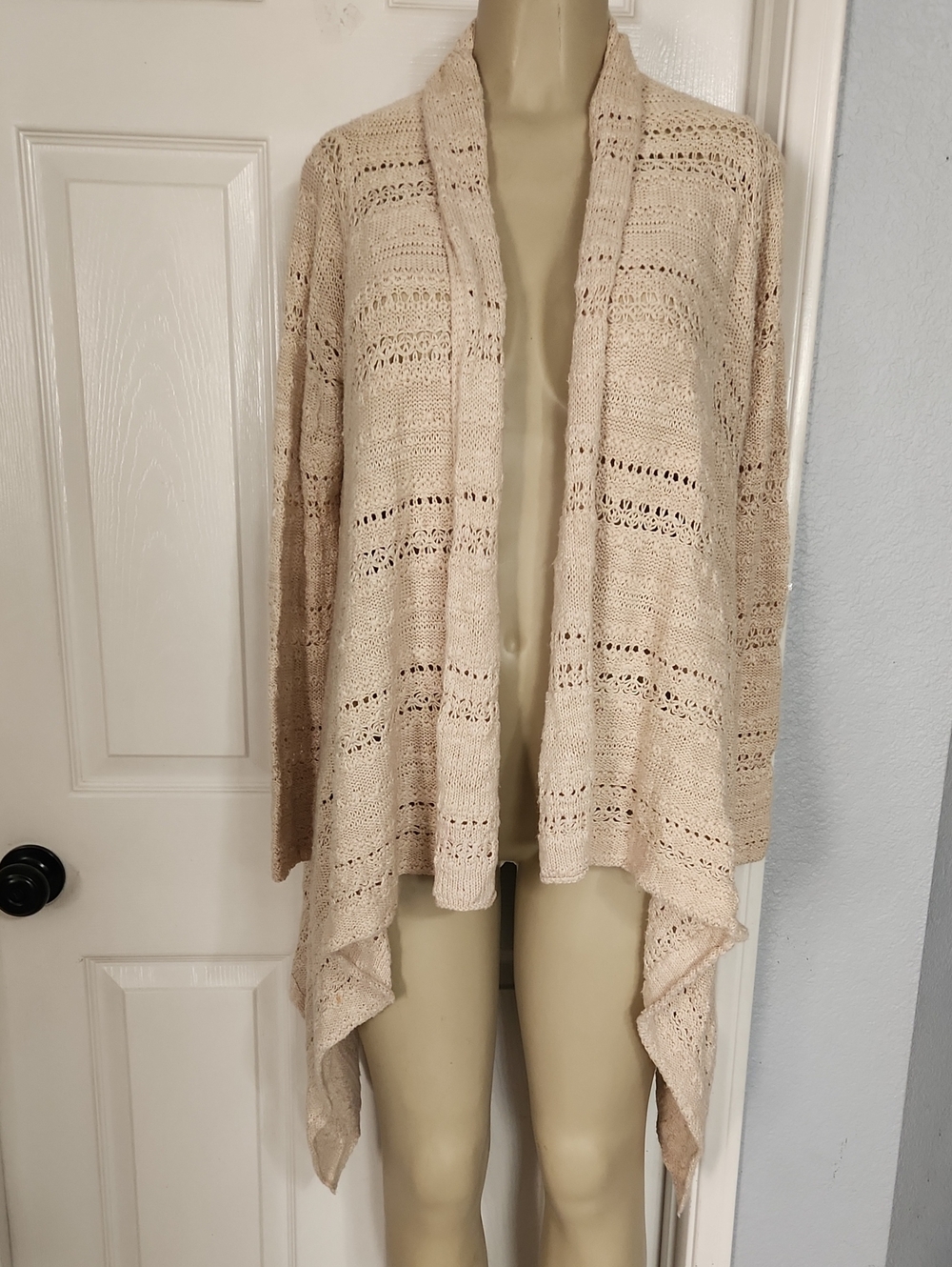Soprano Beige Open-Front Crochet Waterfall Cardigan